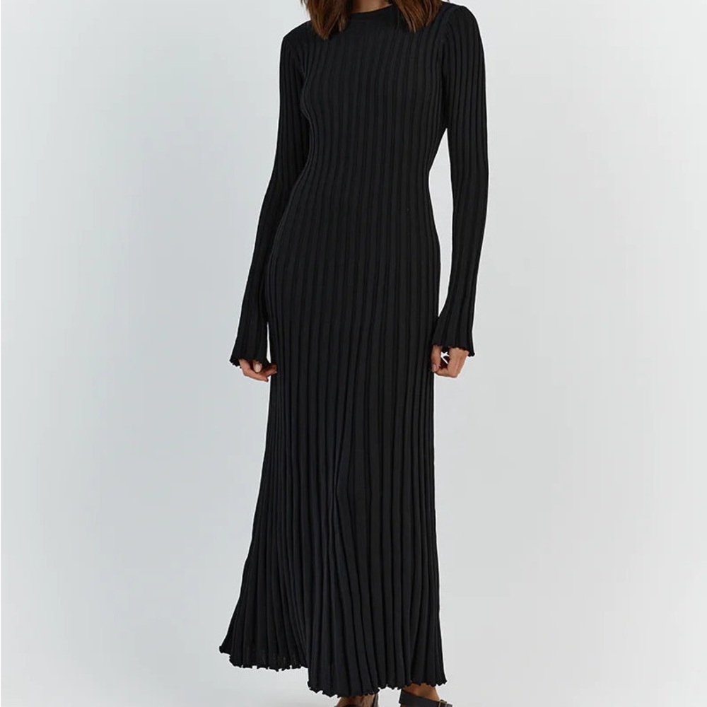 DISSH Black Ribbed Ada Dress Bell Sleeve